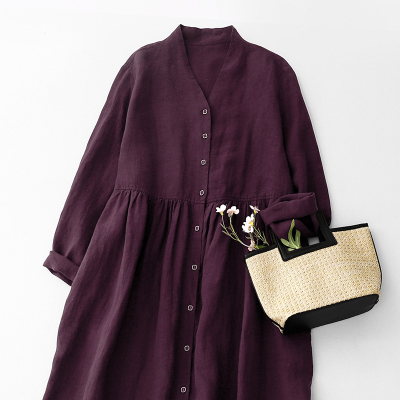 Rochie din bumbac și in, croială A-line, lungime midi, decolteu în V, deschidere frontală cu catarame, mâneci lungi