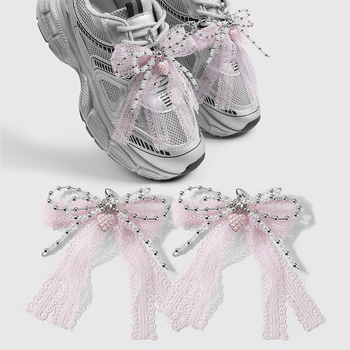 DIY batų dekoracija - imitaciniai perlo karoliukai, tinklinis kaspinas, žvaigždutės ir širdies akcentai, tinkama sportiniams batams, botoms ir kasdienėms avalynei (visoms sezonoms)