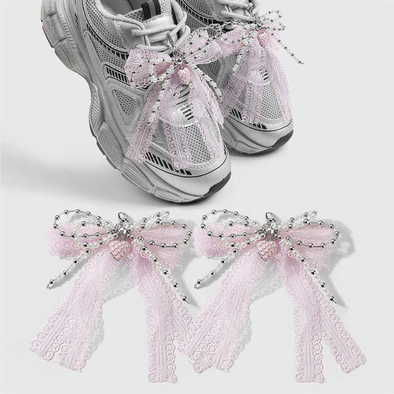 DIY batų dekoracija - imitaciniai perlo karoliukai, tinklinis kaspinas, žvaigždutės ir širdies akcentai, tinkama sportiniams batams, botoms ir kasdienėms avalynei (visoms sezonoms)