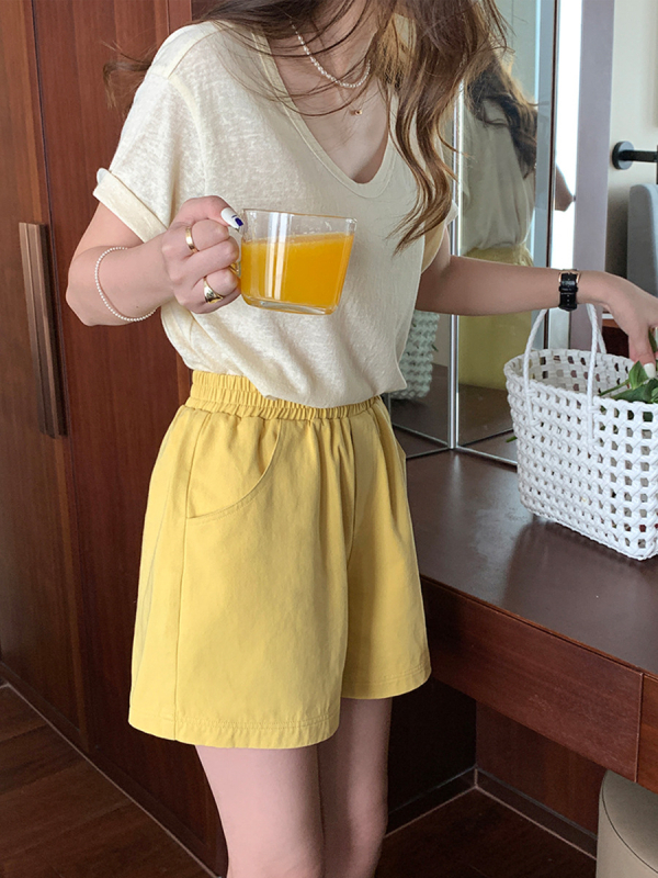 Moteriški kasdieniniai medvilniniai kelnės, korėjietiško stiliaus platėjančios, aukštas juosmuo, laisvas kirpimas