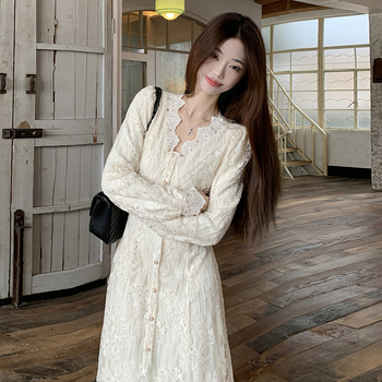 Francia-stílusú hosszú ujjú ruha V-nyakkal, A-vonalú hosszú ruha, pamut-poliészter anyag