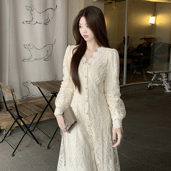 Francia-stílusú hosszú ujjú ruha V-nyakkal, A-vonalú hosszú ruha, pamut-poliészter anyag