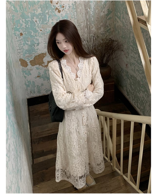 Francia-stílusú hosszú ujjú ruha V-nyakkal, A-vonalú hosszú ruha, pamut-poliészter anyag