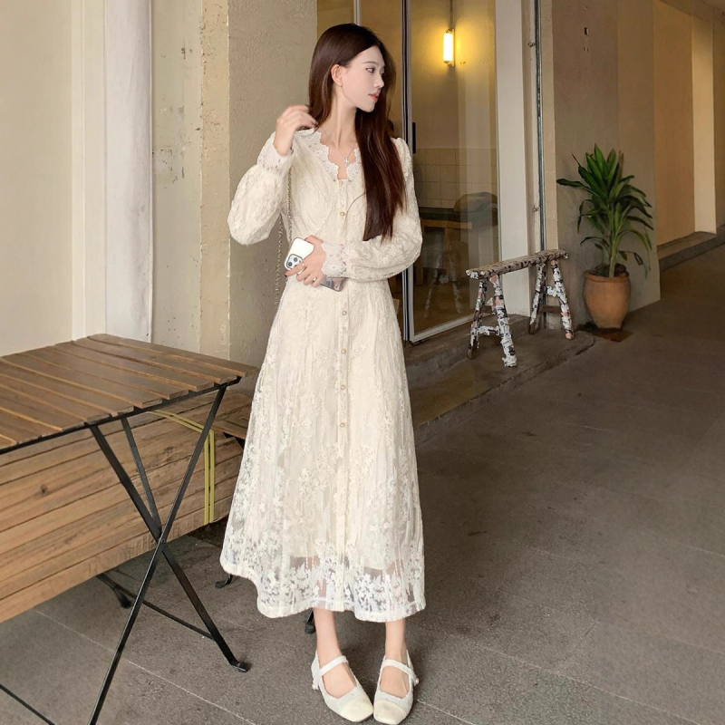 Francia-stílusú hosszú ujjú ruha V-nyakkal, A-vonalú hosszú ruha, pamut-poliészter anyag