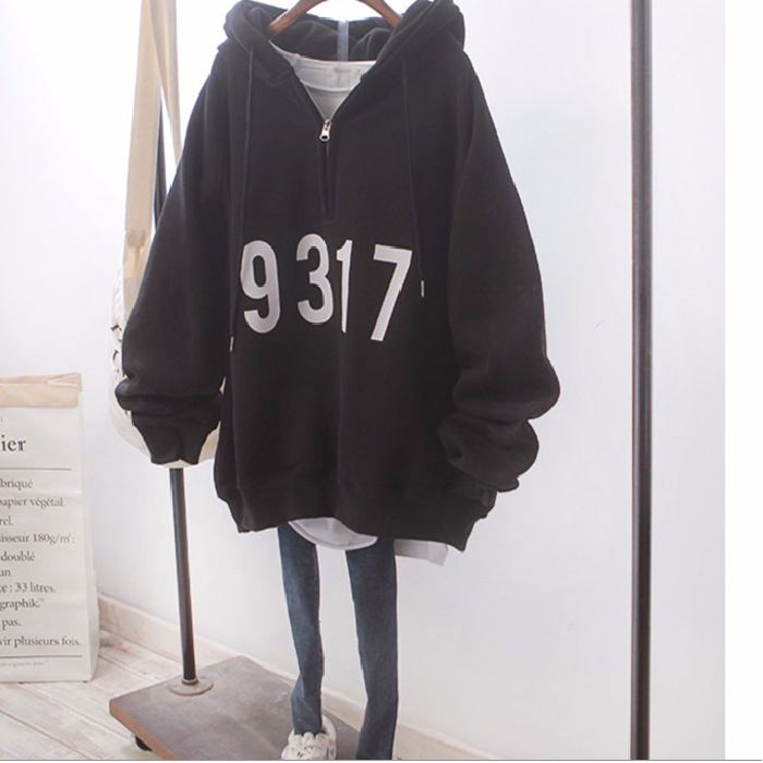 Harajuku stil kapuljačom duksa jakna s flis podstavom, širokog kroja, polu-zip, udobna