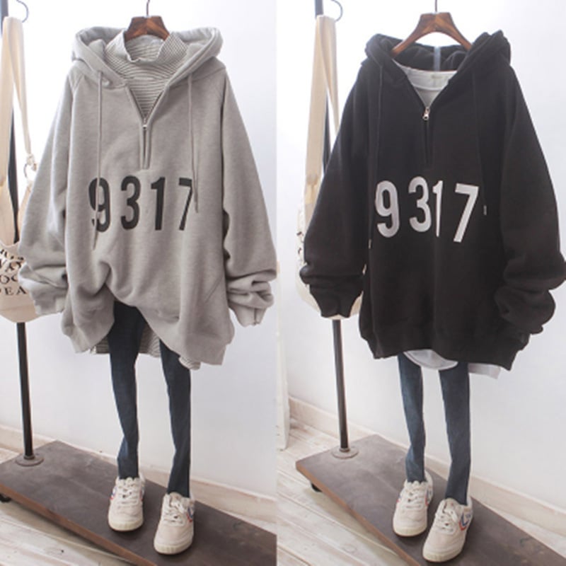 Harajuku stil kapuljačom duksa jakna s flis podstavom, širokog kroja, polu-zip, udobna