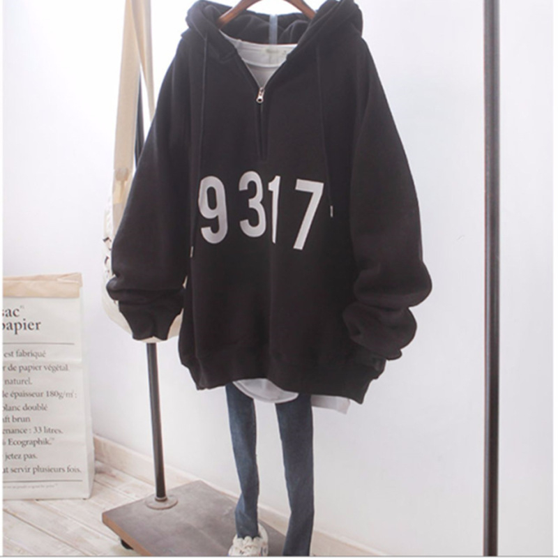 Harajuku stil kapuljačom duksa jakna s flis podstavom, širokog kroja, polu-zip, udobna