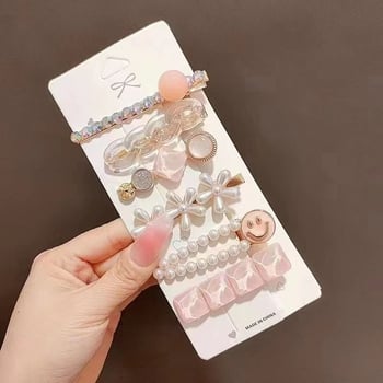 Jauns korejiešu stila matu sprādžu komplekts 2024. gadā ar lāča un ziedu dizainu, retro stilā, vienkārša matu sprādze, sānu sprādze ar spalvām un pērlēm