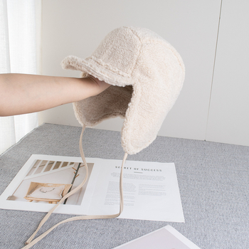 Japoniško stiliaus ėriuko vilnos piloto kepurė, šilta ir ausis apsauganti žieminė slidinėjimo kepurė, miela ir neperpučiama dviratininko sportui.