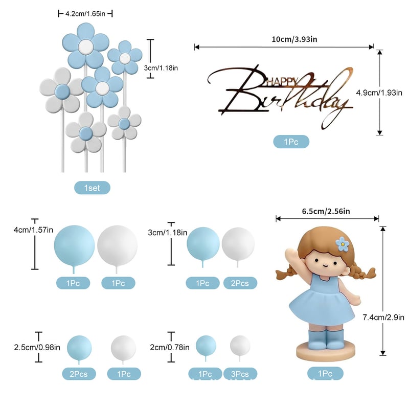 Σετ 20 τεμαχίων για κορίτσια μπάλες αφρού με λουλούδι, διακόσμηση τούρτας, πινακίδα "Happy Birthday", πάρτι μωρού, γενέθλια