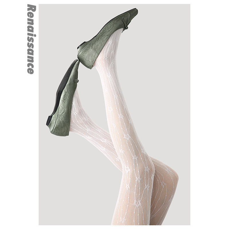 Renaissance Γυναικείες κάλτσες με δαντέλα και τζακάρντ μοτίβο, 90% νάιλον 10% σπάντεξ, λεπτές, σμιλεύουν το σχήμα και απορροφούν τον ιδρώτα (μονόχρωμες, φιόγκος, λουλούδια)