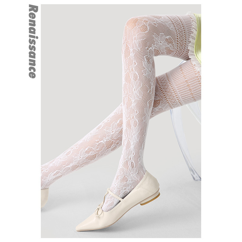 Renaissance Γυναικείες κάλτσες με δαντέλα και τζακάρντ μοτίβο, 90% νάιλον 10% σπάντεξ, λεπτές, σμιλεύουν το σχήμα και απορροφούν τον ιδρώτα (μονόχρωμες, φιόγκος, λουλούδια)