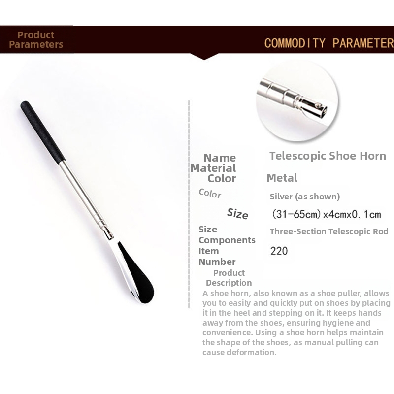 Trys dalių teleskopinis nerūdijančio plieno batų įrankis (shoehorn), modelis 25-220, kasdienis stilius, visos sezonos