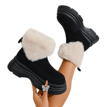 Cizme de iarnă pentru femei cu talpă groasă — căptușite cu blană sintetică, gleznă scurtă, partea superioară din velur, fermoar pe spate, talpă din cauciuc