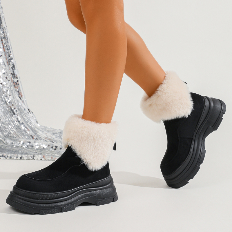 Cizme de iarnă pentru femei cu talpă groasă — căptușite cu blană sintetică, gleznă scurtă, partea superioară din velur, fermoar pe spate, talpă din cauciuc