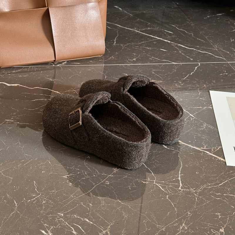 Γυναικείες παντόφλες με ύψος 5 cm για τον χειμώνα, κορεατικού ρετρό στυλ, με επένδυση γούνας και σόλα από καουτσούκ