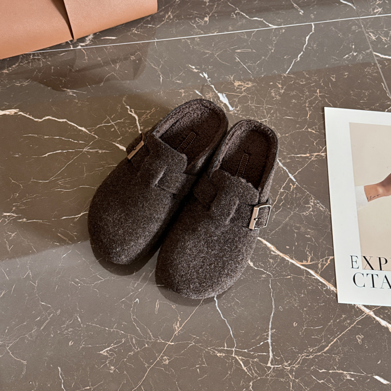 Γυναικείες παντόφλες με ύψος 5 cm για τον χειμώνα, κορεατικού ρετρό στυλ, με επένδυση γούνας και σόλα από καουτσούκ