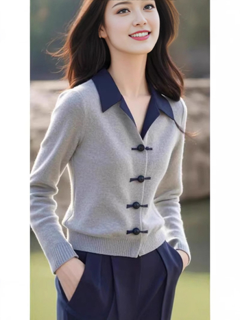 Cardigan din viscoză, mărime plus, cu guler rever, mâneci lungi, culoare solidă, tricot mediu, închidere cu nasturi pe un rând, lungime obișnuită, pentru toamnă-iarnă.