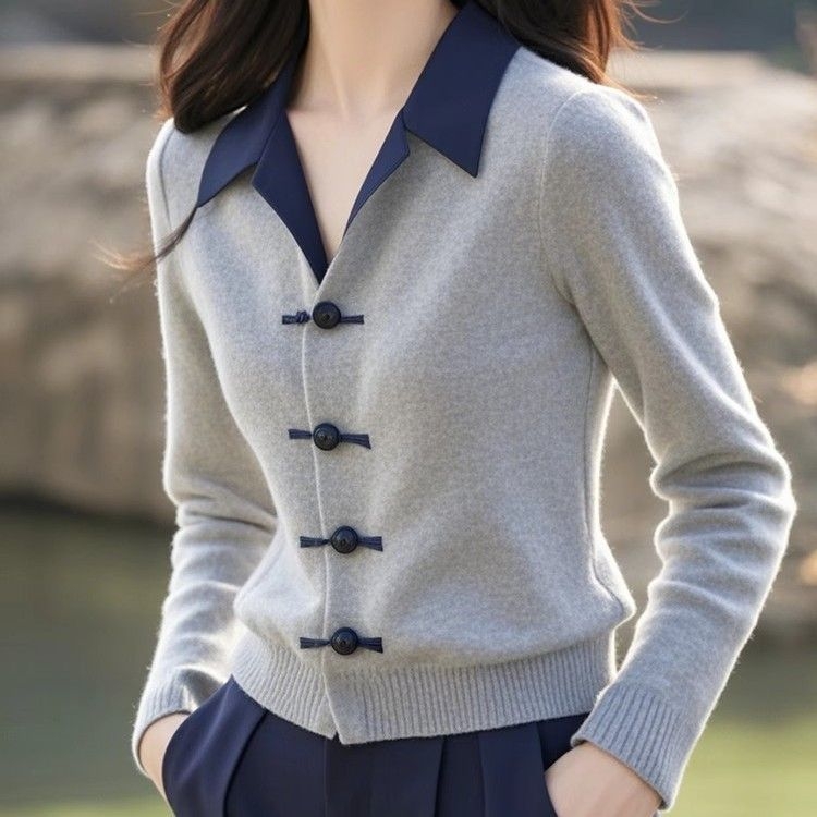 Cardigan din viscoză, mărime plus, cu guler rever, mâneci lungi, culoare solidă, tricot mediu, închidere cu nasturi pe un rând, lungime obișnuită, pentru toamnă-iarnă.