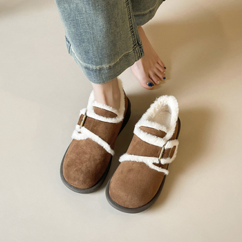 Γυναικεία βαμβακερά παπούτσια με ζεστή επένδυση φλίς, σουέτ επάνω μέρος, κούμπωμα με αγκράφα, παχιά σόλα από καουτσούκ