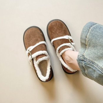 Γυναικεία βαμβακερά παπούτσια με ζεστή επένδυση φλίς, σουέτ επάνω μέρος, κούμπωμα με αγκράφα, παχιά σόλα από καουτσούκ