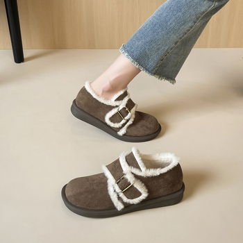 Γυναικεία βαμβακερά παπούτσια με ζεστή επένδυση φλίς, σουέτ επάνω μέρος, κούμπωμα με αγκράφα, παχιά σόλα από καουτσούκ