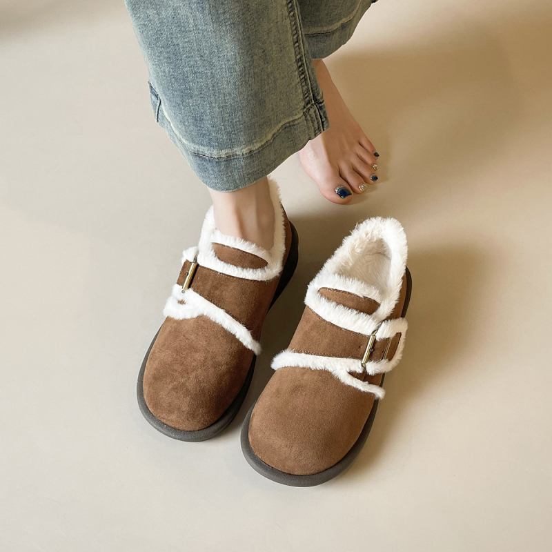 Γυναικεία βαμβακερά παπούτσια με ζεστή επένδυση φλίς, σουέτ επάνω μέρος, κούμπωμα με αγκράφα, παχιά σόλα από καουτσούκ