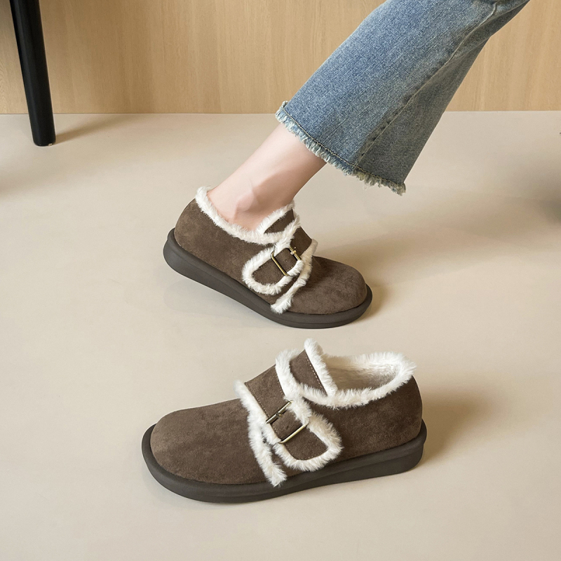 Γυναικεία βαμβακερά παπούτσια με ζεστή επένδυση φλίς, σουέτ επάνω μέρος, κούμπωμα με αγκράφα, παχιά σόλα από καουτσούκ
