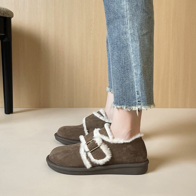 Γυναικεία βαμβακερά παπούτσια με ζεστή επένδυση φλίς, σουέτ επάνω μέρος, κούμπωμα με αγκράφα, παχιά σόλα από καουτσούκ