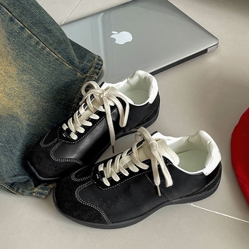 Pantofi sport pentru femei, stil retro american - partea superioară PU, vârf rotund, toc mic 1–3 cm, gleznă înaltă, închidere cu șireturi