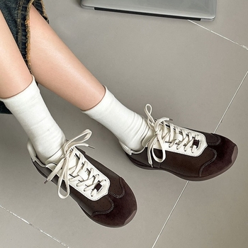 Pantofi sport pentru femei, stil retro american - partea superioară PU, vârf rotund, toc mic 1–3 cm, gleznă înaltă, închidere cu șireturi