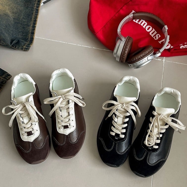 Pantofi sport pentru femei, stil retro american - partea superioară PU, vârf rotund, toc mic 1–3 cm, gleznă înaltă, închidere cu șireturi