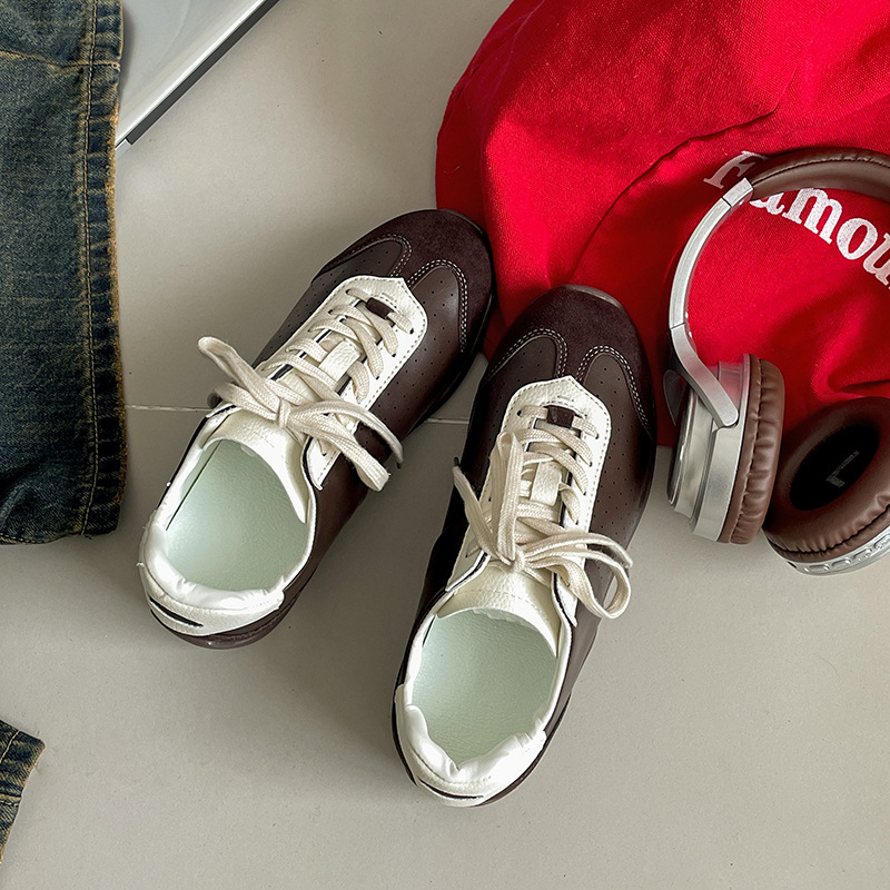 Pantofi sport pentru femei, stil retro american - partea superioară PU, vârf rotund, toc mic 1–3 cm, gleznă înaltă, închidere cu șireturi
