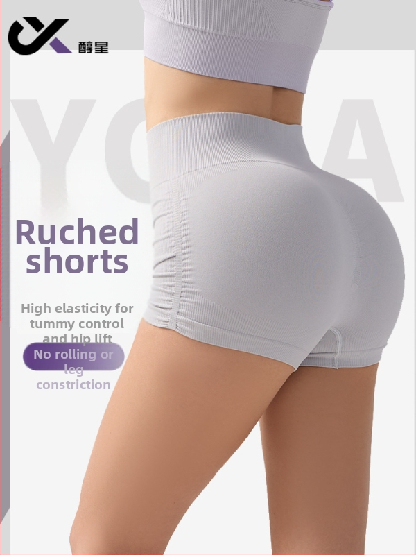 Naiste pliseeritud jooga lühikesed püksid, kõrge vöökoht, tagumikku tõstev, niiskust juhtiv materjal, 90% nailon
