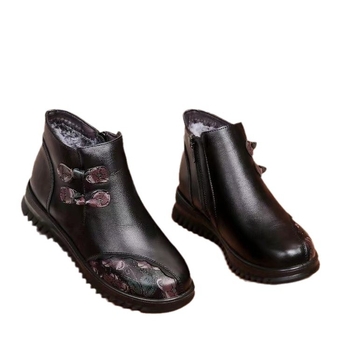 Pantofi dama din bumbac, căptuți cu blană artificială, fermoar pe lateral, botine scurte de iarnă, toc pană mic 1–3 cm, partea superioară din piele sintetică, talpă din cauciuc