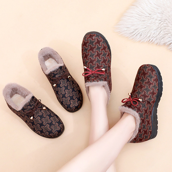 Pantofi de iarnă din bumbac pentru femei, partea superioară din bumbac, căptușeală cu fleece în interior, talpă PU, vârf rotund, toc plat mic 1-3 cm