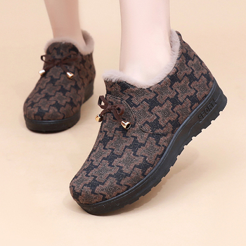 Pantofi de iarnă din bumbac pentru femei, partea superioară din bumbac, căptușeală cu fleece în interior, talpă PU, vârf rotund, toc plat mic 1-3 cm