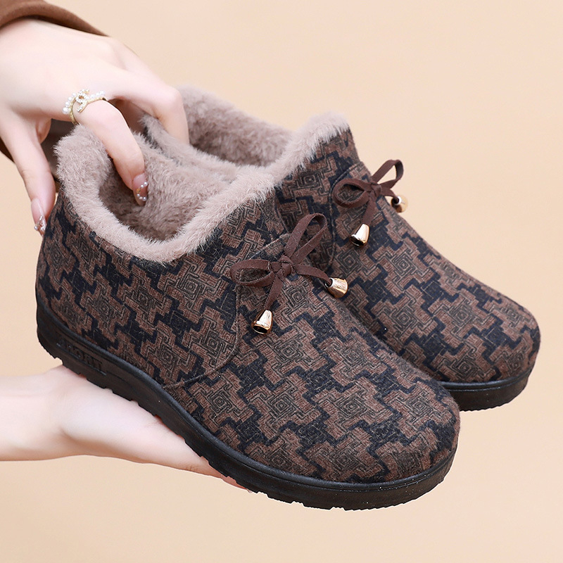 Pantofi de iarnă din bumbac pentru femei, partea superioară din bumbac, căptușeală cu fleece în interior, talpă PU, vârf rotund, toc plat mic 1-3 cm