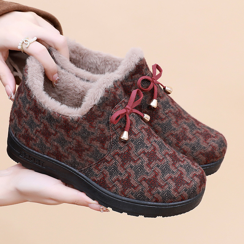 Pantofi de iarnă din bumbac pentru femei, partea superioară din bumbac, căptușeală cu fleece în interior, talpă PU, vârf rotund, toc plat mic 1-3 cm