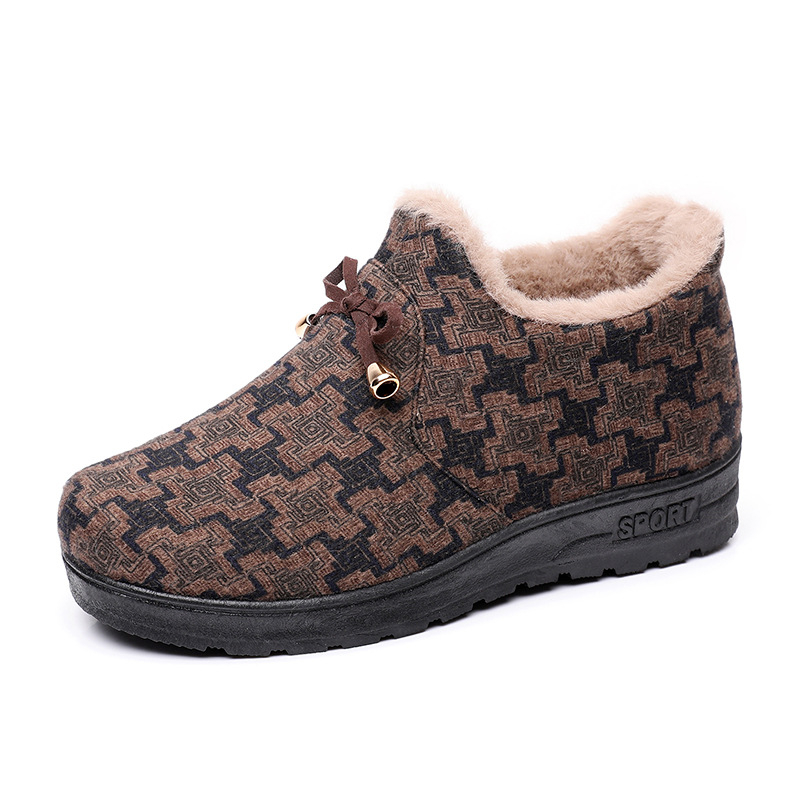 Pantofi de iarnă din bumbac pentru femei, partea superioară din bumbac, căptușeală cu fleece în interior, talpă PU, vârf rotund, toc plat mic 1-3 cm