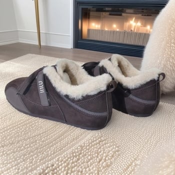 Pantofi de iarnă pentru femei cu Velcro, stil Birkenstock, partea superioară Frosted, branț din shearling, talpă din cauciuc