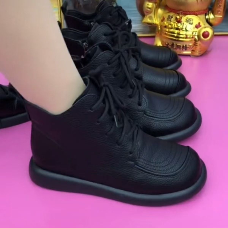 Cizme din bumbac pentru femei, talpă plată PVC, exterior PU, căptușeală din bumbac, închidere cu șireturi, înălime medie a gleznei