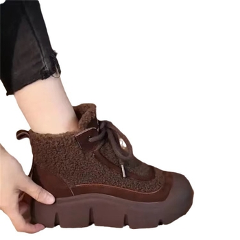 Ghete de iarnă din bumbac cu căptușeală din blană artificială, glezna înaltă, talpă groasă, partea superioară din PU artificial, închidere cu șireturi