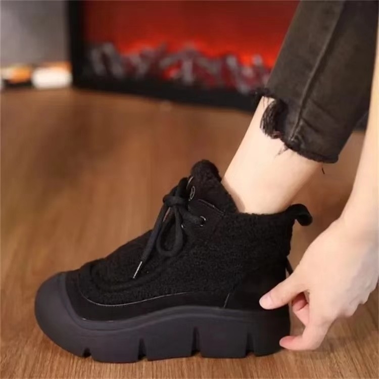Ghete de iarnă din bumbac cu căptușeală din blană artificială, glezna înaltă, talpă groasă, partea superioară din PU artificial, închidere cu șireturi