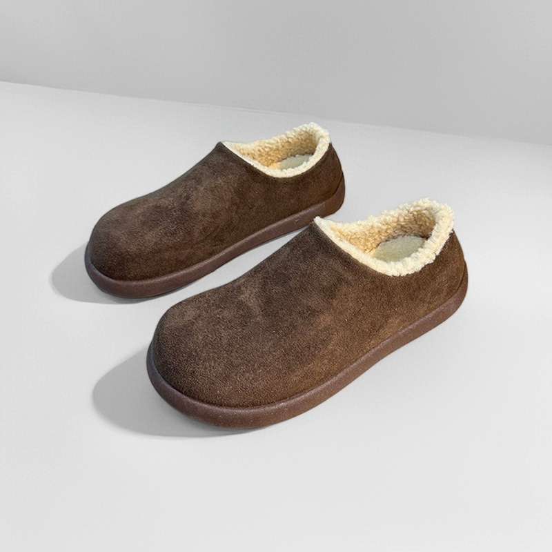 Γυναικεία slip-on υφασμάτινα παπούτσια με επάνω μέρος από σουέτ, επένδυση από τεχνητή γούνα, σόλα από καουτσούκ, χαμηλό προφίλ