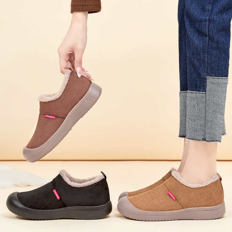 Naiste talvekingad puuvillast materjalist, kunstliku lühikese karusnaha vooder, slip-on, madal ülaosa, ümar varvas, Mongoolia veluuri peal, PU talla