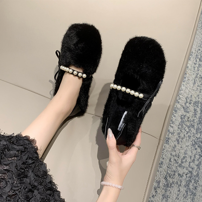 Γυναικείες γούνινες παντόφλες με δύο τρόπους φορέματος, στρογγυλή μύτη, πάνω και επένδυση από συνθετικό κοντό γούνα, καουτσούκ σόλα, χαμηλό τακούνι 1–3 cm