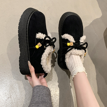 Cizme de iarnă pentru femei, talpă groasă, vârf rotund, suprafață velur, căptușite cu blăniță sintetică, închidere cu șireturi