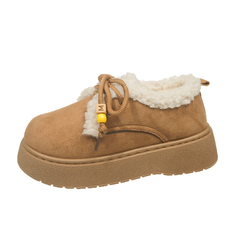 Cizme de iarnă pentru femei, talpă groasă, vârf rotund, suprafață velur, căptușite cu blăniță sintetică, închidere cu șireturi