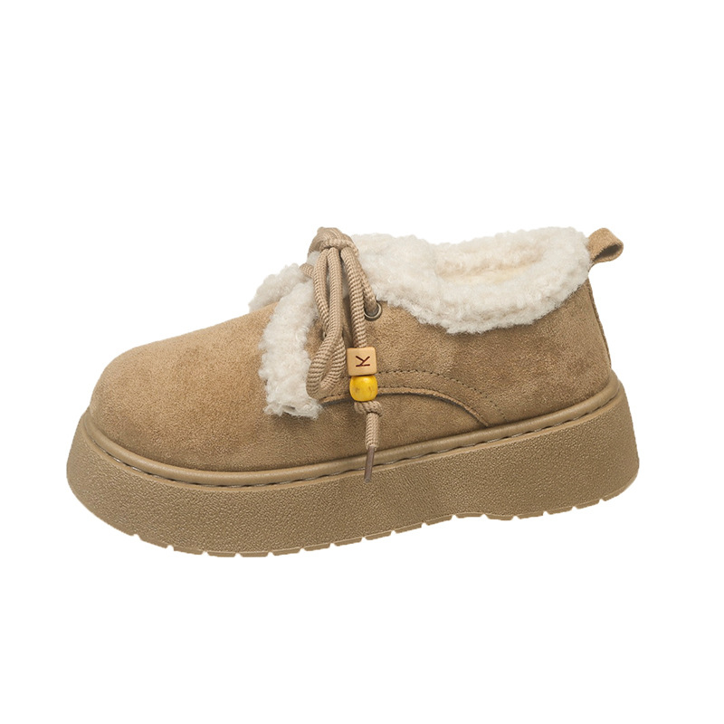 Cizme de iarnă pentru femei, talpă groasă, vârf rotund, suprafață velur, căptușite cu blăniță sintetică, închidere cu șireturi